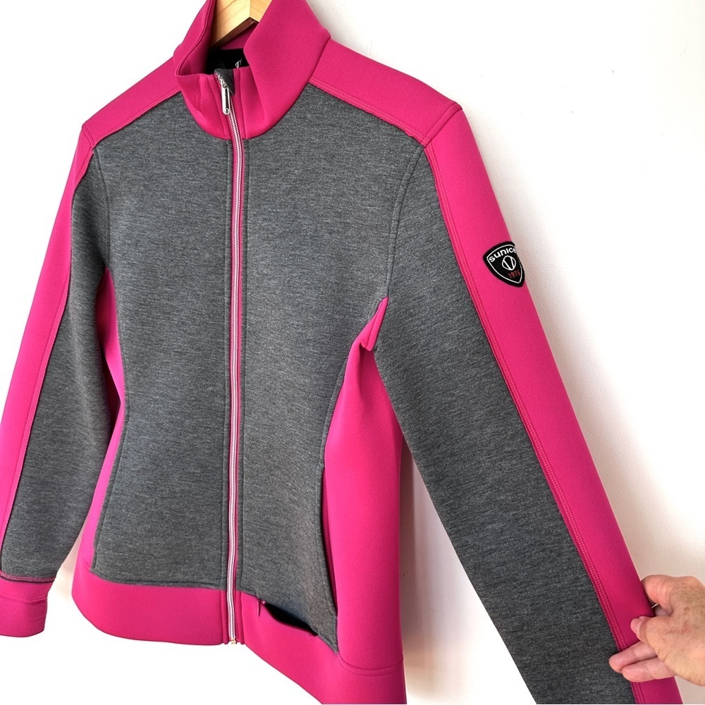 Sunice Vibrant Pink and Gray Neoprene Jacket, zip front, fitted